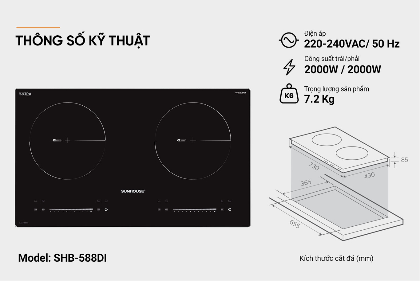 BẾP ĐÔI ĐIỆN TỪ SUNHOUSE SHB-588DI Booster 2200W - Hàng chính hãng