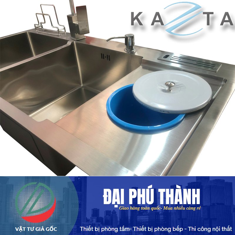 Combo Chậu Kèm Vòi Rửa Chén Bát Inox Kazta CB10048H - Chậu có hố rác đủ xi phông, vòi thân vuông, khay cài dao thớt, vòi hút xà phòng, rổ rút gác chậu