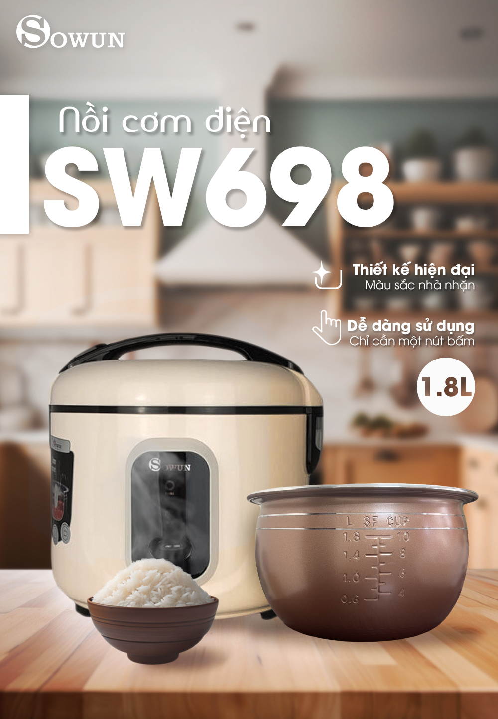 Nồi cơm điện 1.8 Lít Sowun SW 698 - Hàng chính hãng