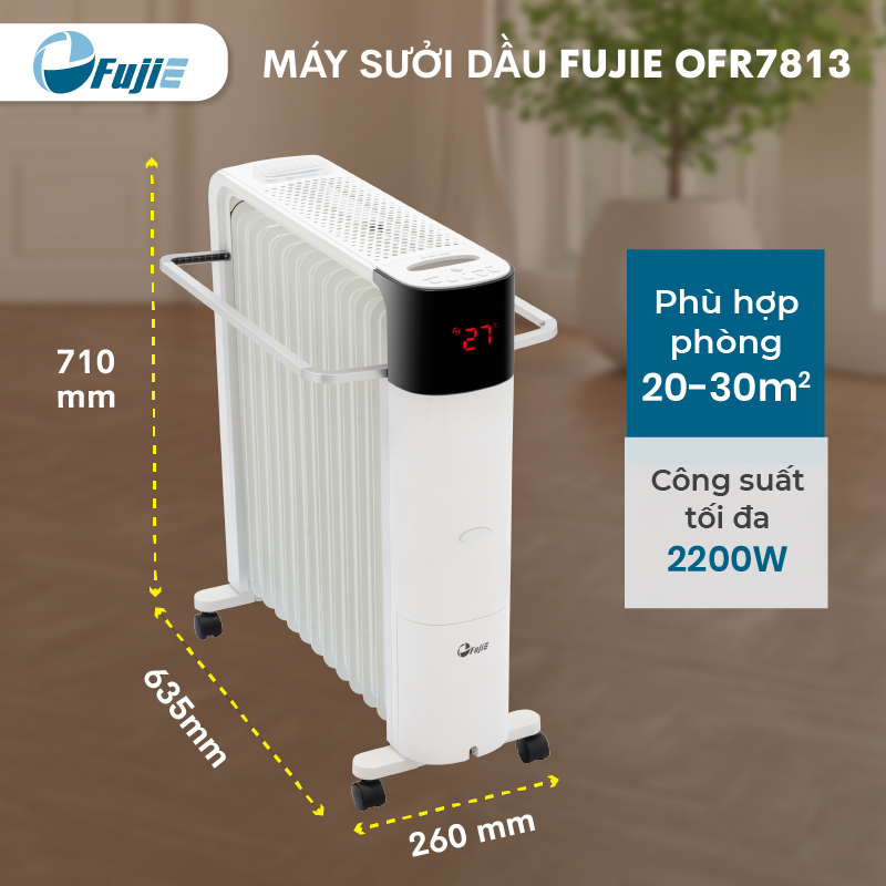 Máy sưởi dầu điều khiển từ xa nhập khẩu FujiE OFR7813,13 thanh sưởi sử dụng phòng 30m2, bảng điều khiển điện tử tăng giảm nhiệt độ- Hàng CHính Hãng