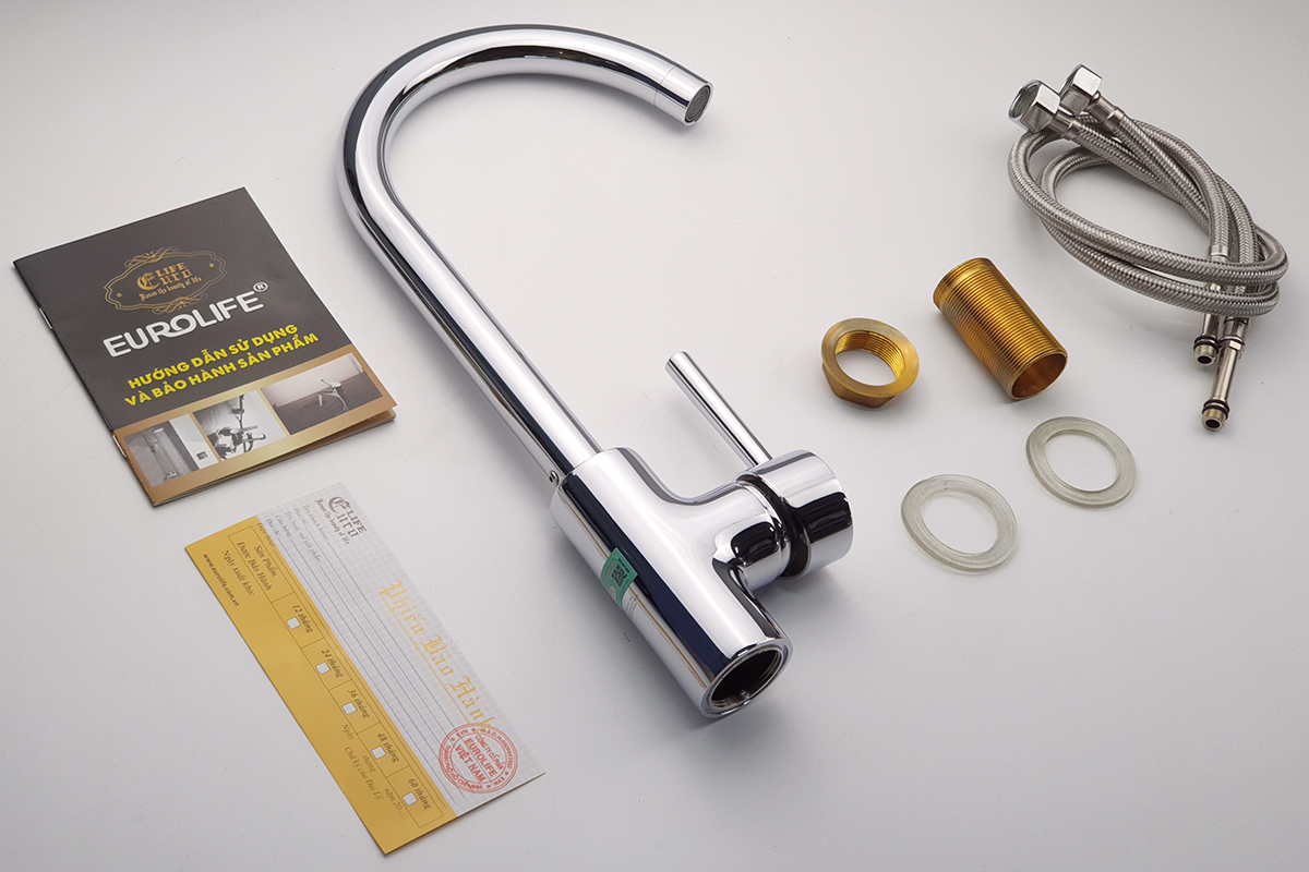 Vòi rửa chén nóng lạnh Đồng mạ Chrome Eurolife EL-KM01 (Trắng bạc)