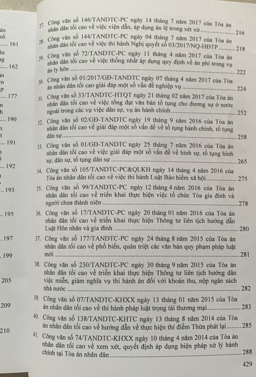 Tổng hợp công văn của Tòa án nhân dân tối cao, hướng dẫn nghiệp vụ, giải đáp vướng mắc trong lĩnh vực dân sự, tố tụng dân sự