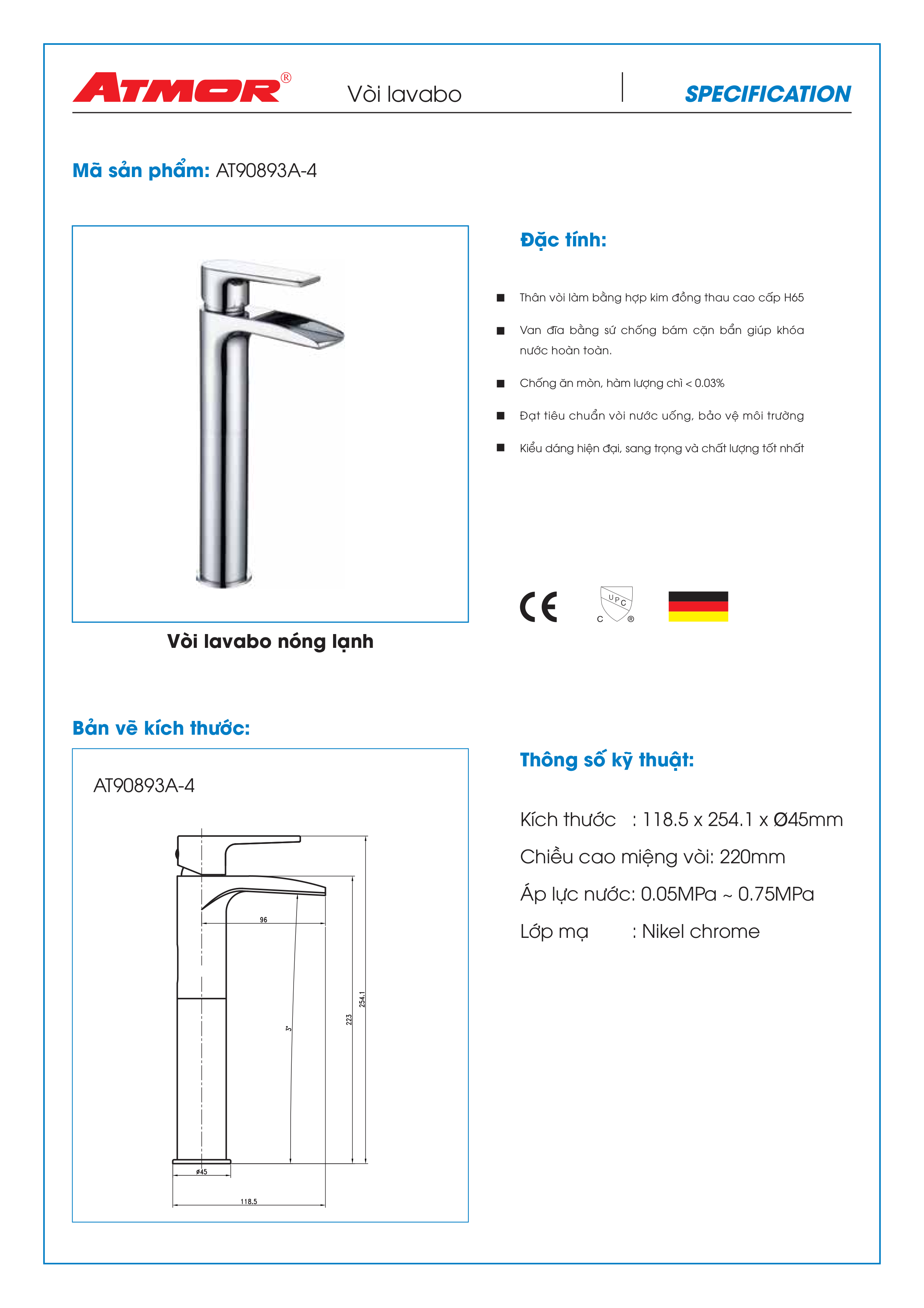 Vòi lavabo nóng lạnh cao ATMOR AT90893A-4 (HÀNG CHÍNH HÃNG)