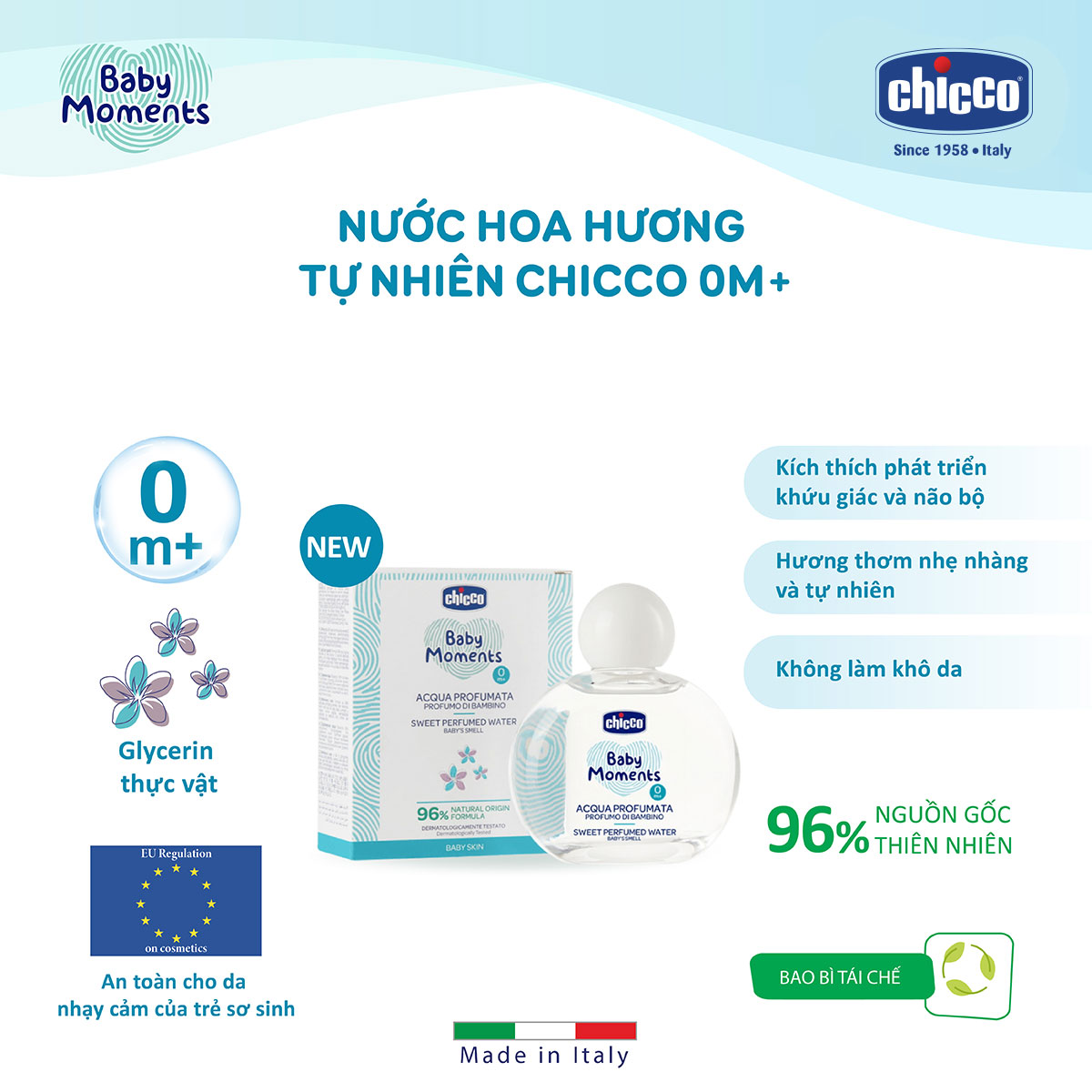 Nước hoa hương tự nhiên 0M+ Chicco cho bé 100ml_Tặng sữa dưỡng ẩm Chicco hạnh nhân 50ML