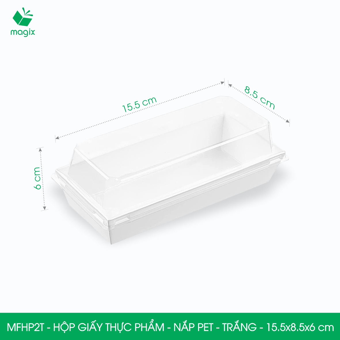 MFHP2T - 15.5x8.5x6 cm - 50 hộp giấy thực phẩm màu trắng nắp Pet, hộp giấy chữ nhật đựng thức ăn, hộp bánh nắp trong