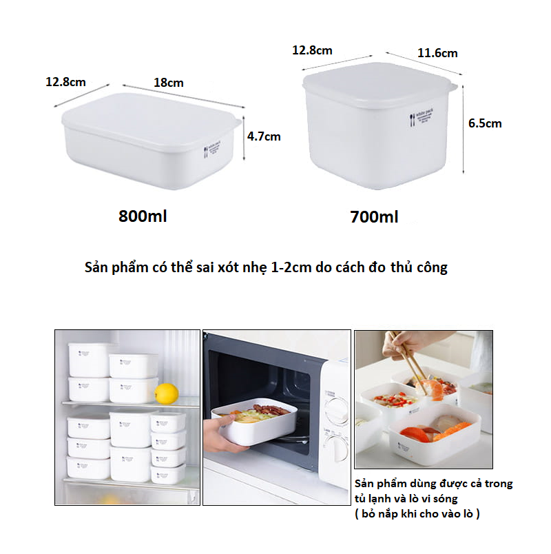 Set 02 hộp đựng thực phầm White Pack 700ml và 800ml, thiết kế tinh tế, đẹp mắt, khả năng giữ kín hơi vượt trội - nội địa Nhật Bản