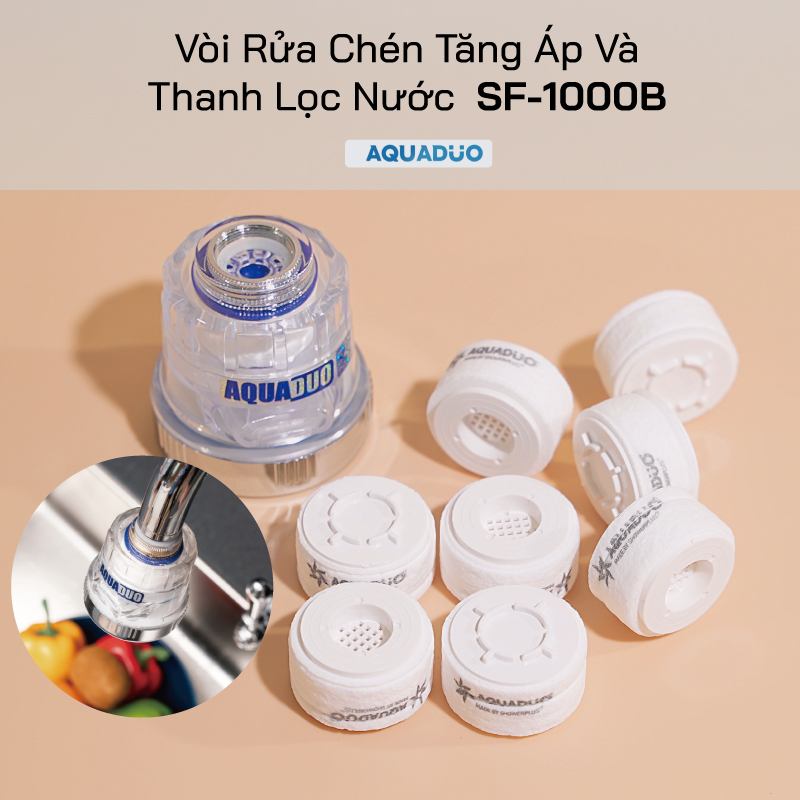 Combo Vòi rửa chén ( tăng áp +lọc nước) + 8 Thanh lọc nước AquaDuo SF-1000B