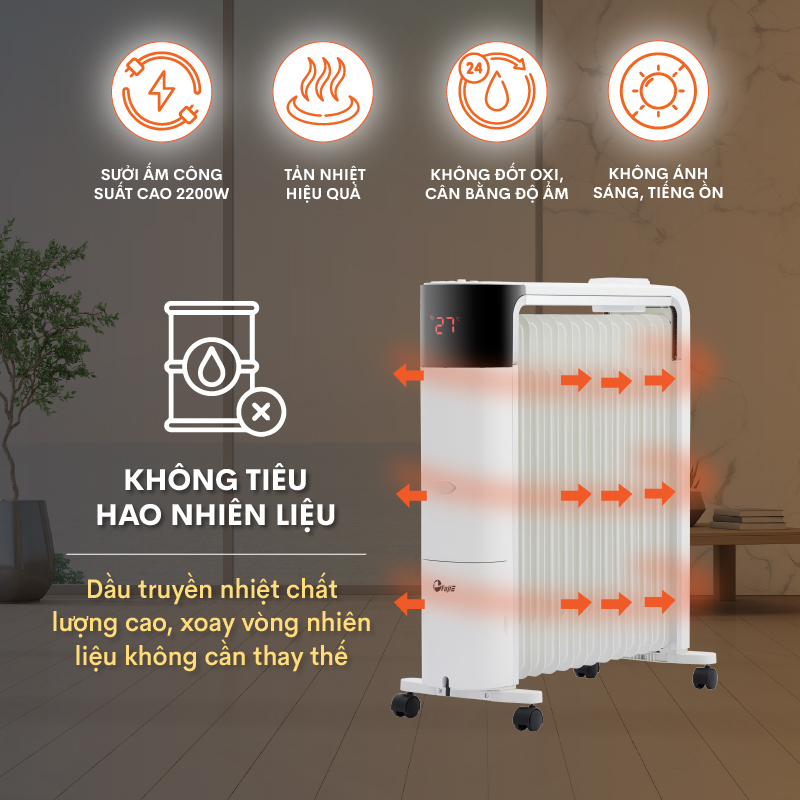 Máy sưởi dầu điều khiển từ xa nhập khẩu FujiE OFR7813,13 thanh sưởi sử dụng phòng 30m2, bảng điều khiển điện tử tăng giảm nhiệt độ- Hàng CHính Hãng
