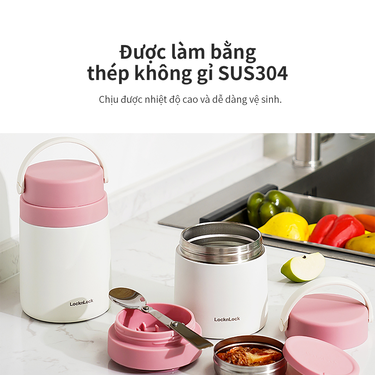 Hộp cơm giữ nhiệt Lock&Lock màu hồng LHC8042PIK 700ml - Hàng chính hãng, 2 ngăn kèm muỗng inox - JoyMall