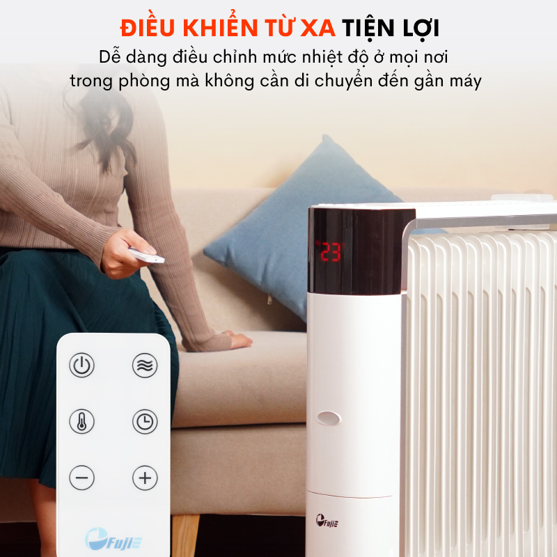 Máy sưởi dầu điều khiển từ xa nhập khẩu FujiE OFR7813,13 thanh sưởi sử dụng phòng 30m2, bảng điều khiển điện tử tăng giảm nhiệt độ- Hàng CHính Hãng