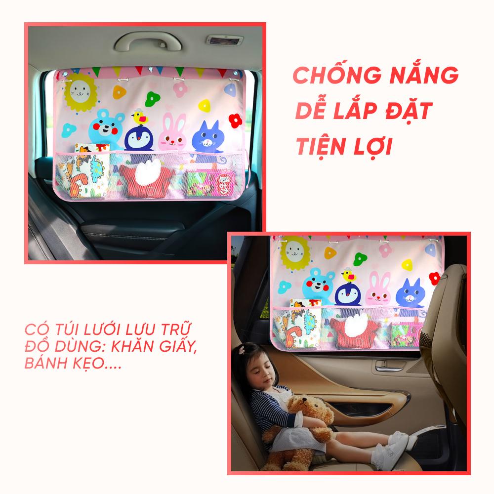 Rèm Vải Che Nắng Ô Tô Hàn Quốc Phối Hình Dễ Thương Có Gắc Hút
