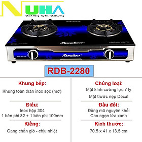 Bếp ga đôi kiếng cường lực Raiden RDB2280, đầu đốt đồng mũ nguyên khối lửa xanh, kiềng gang-Hàng chính hãng