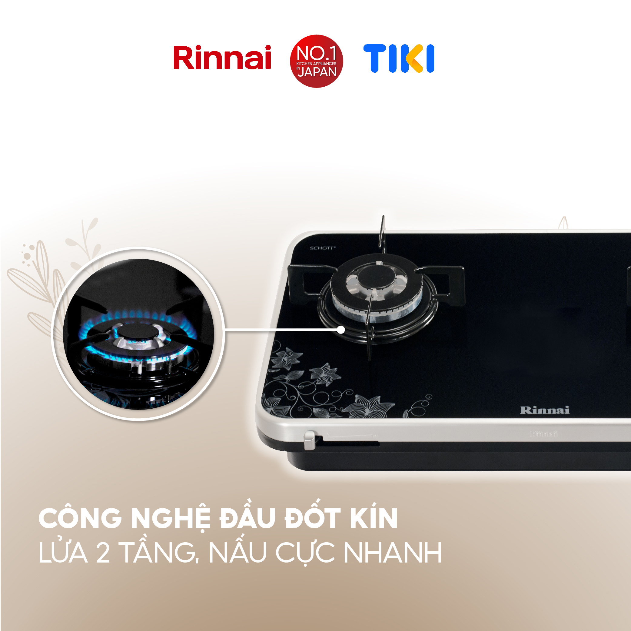 Bếp gas âm Rinnai RB-7902S-GBS(F) mặt bếp kính Schott và kiềng bếp men - Hàng chính hãng.