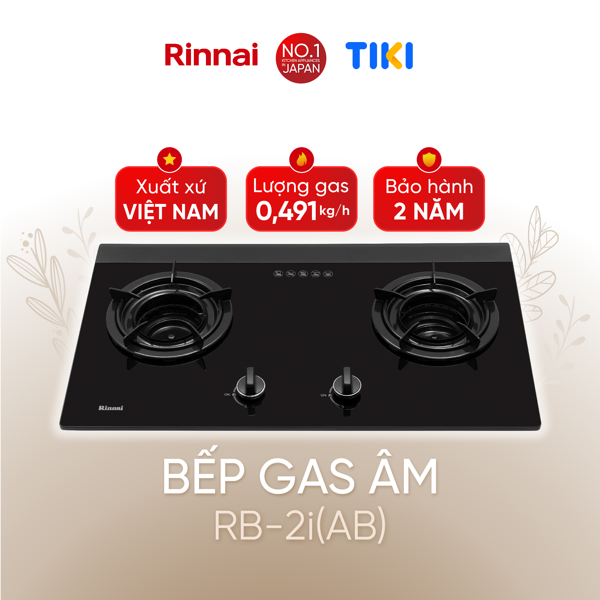 Bếp gas âm đầu đốt trong Rinnai RVB-2i(AB) mặt bếp kính và kiềng bếp men - Hàng chính hãng.