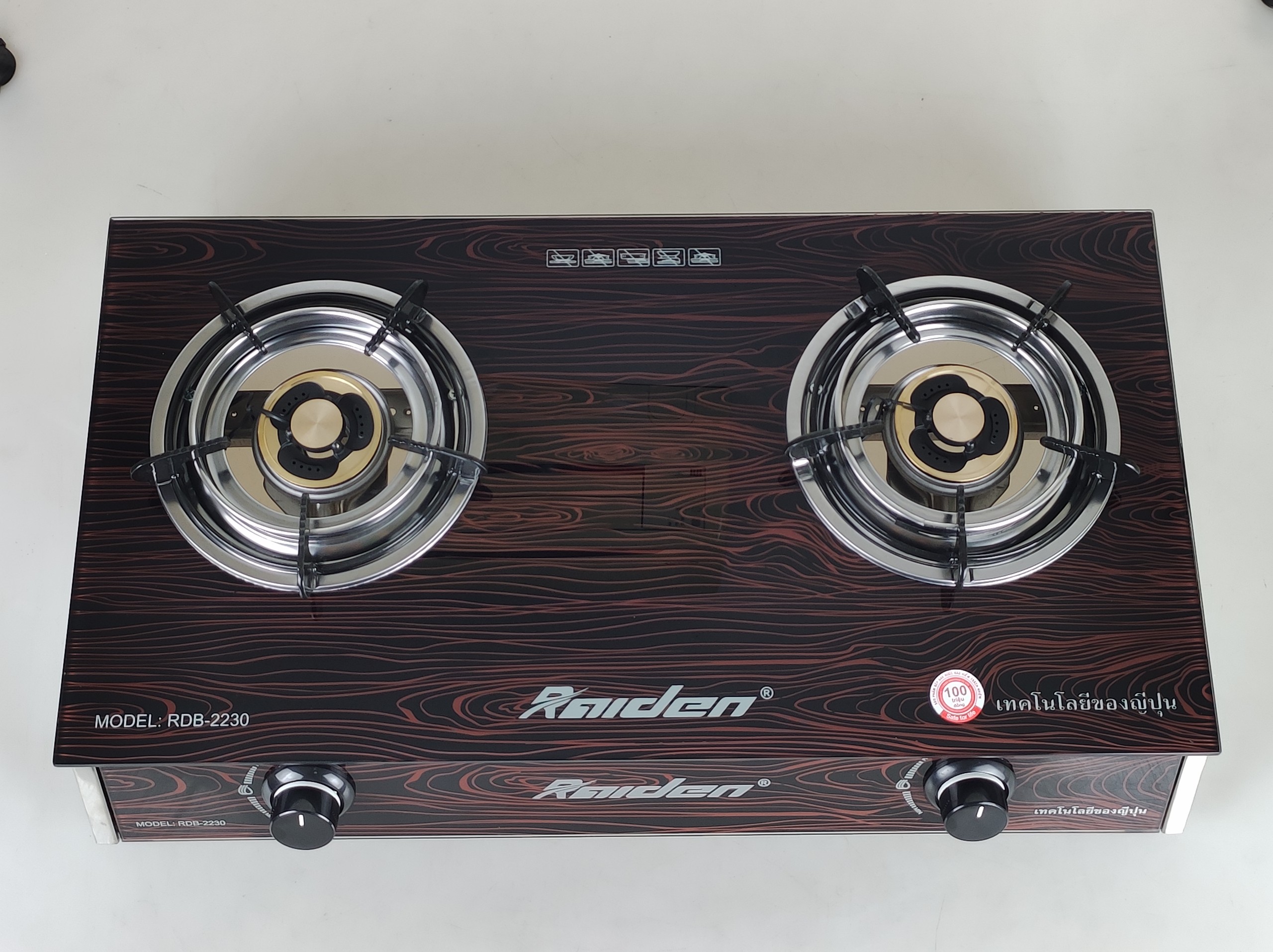 Bếp ga đôi kiếng cường lực Raiden RDB2230A, đầu đốt đồng mũ K38, kiềng men 5 ly-Hàng chính hãng