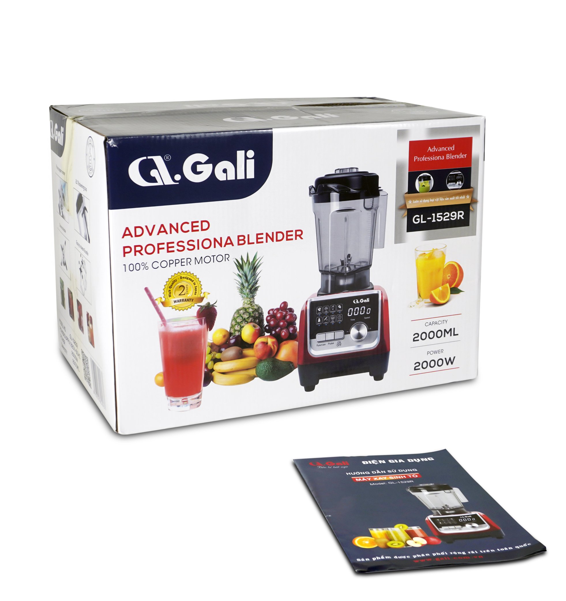 Sinh Tố Công Nghiệp Gali GL-1529R Dung tích 2 Lít, Motor 100% dây đồng đảm bảo độ bền bỉ, bảng điều khiển dạng cảm ứng, lưỡi dao bằng thép không gỉ. Hàng chính hãng bảo hành 24 tháng
