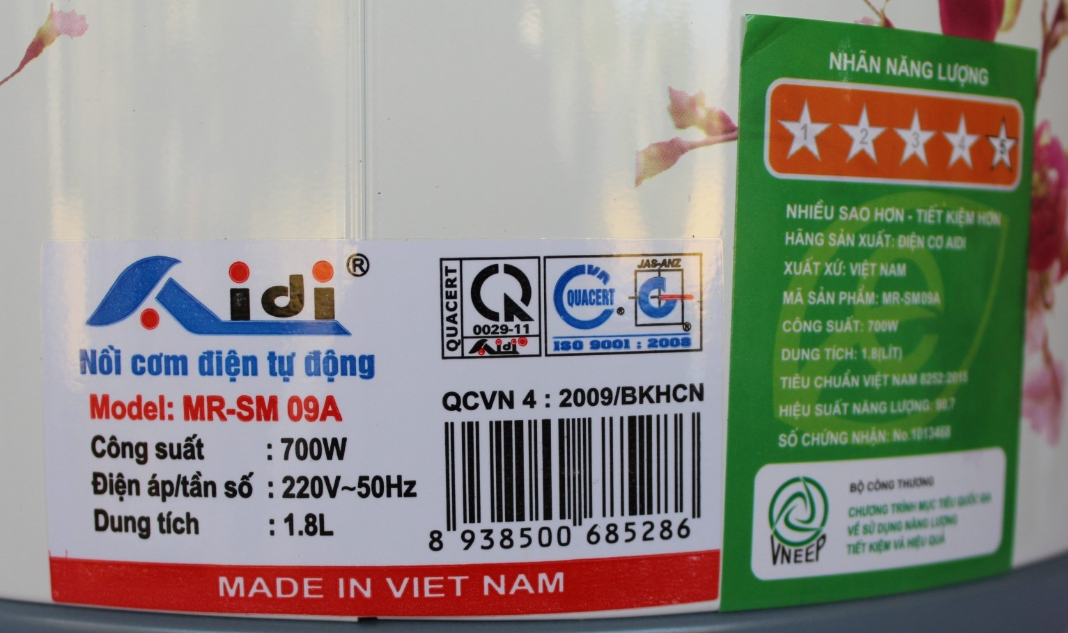 Nồi cơm điện Aidi MR-SM 09A (1,8 lít) - Màu Ngẫu Nhiên - Hàng Chính Hãng
