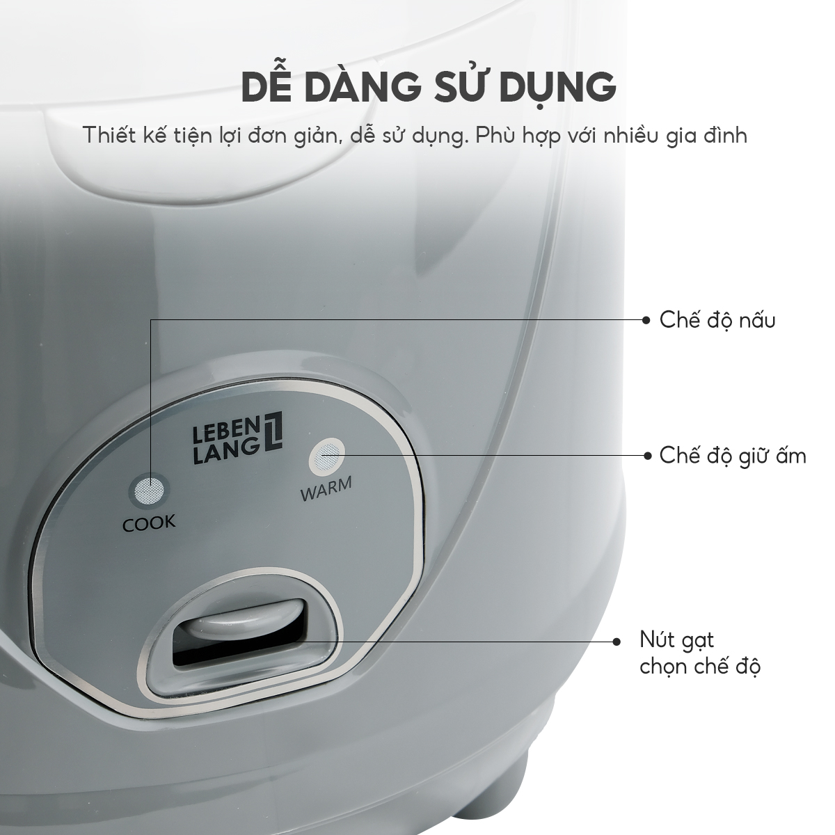Nồi cơm điện Lebenlang LBL1936 dung tích 1800ml, công suất 700W, thiết kế đơn giản, bảo hành 2 năm - hàng chính hãng