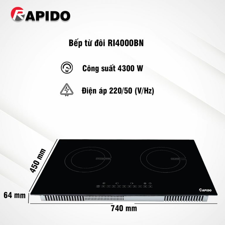 Bếp từ đôi Rapido RI4000BN 4000W 9 cấp độ công suất, công nghệ inverter tiết kiệm điện, bảo hành 24 tháng - Hàng chính hãng