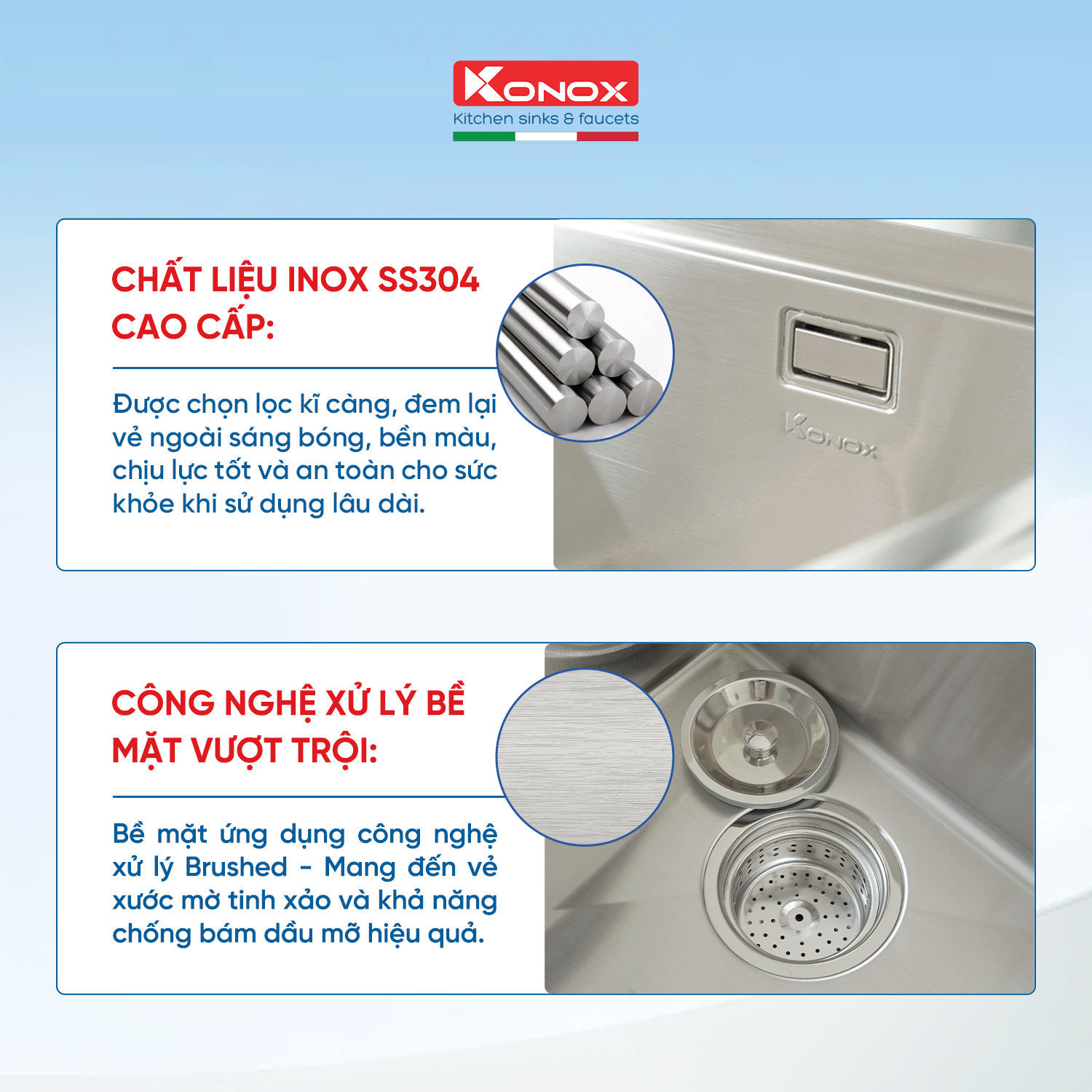 Chậu rửa bát inox Konox, Topmount Series, Model KN11650TD - Bàn Trái, Inox 304AISI tiêu chuẩn Châu Âu, Hạ Bậc tích hợp, 1160x550x220mm, Bảo hành chính hãng 10 năm