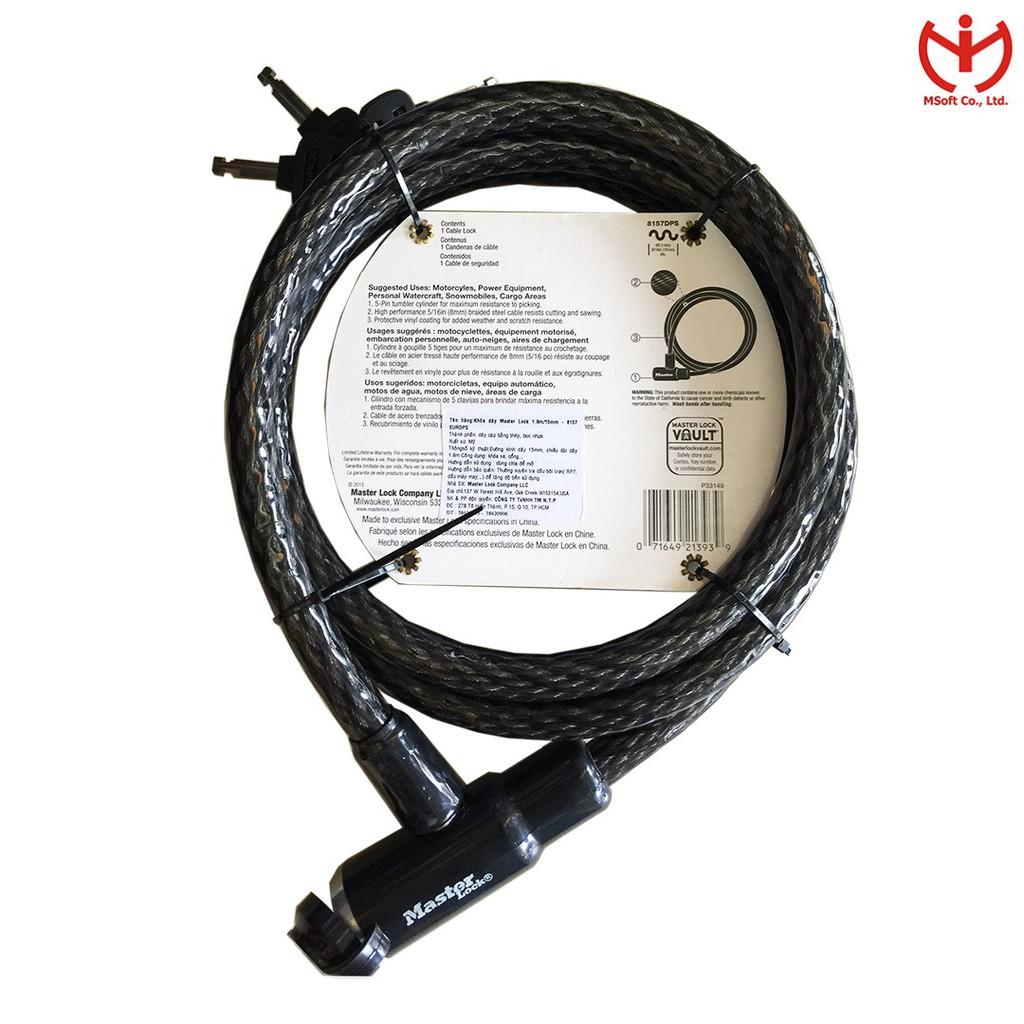 Khóa xe máy Master Lock 8157 DPS dây cáp thép dài 1.8m x 15mm đầu khóa chìa - MSOFT