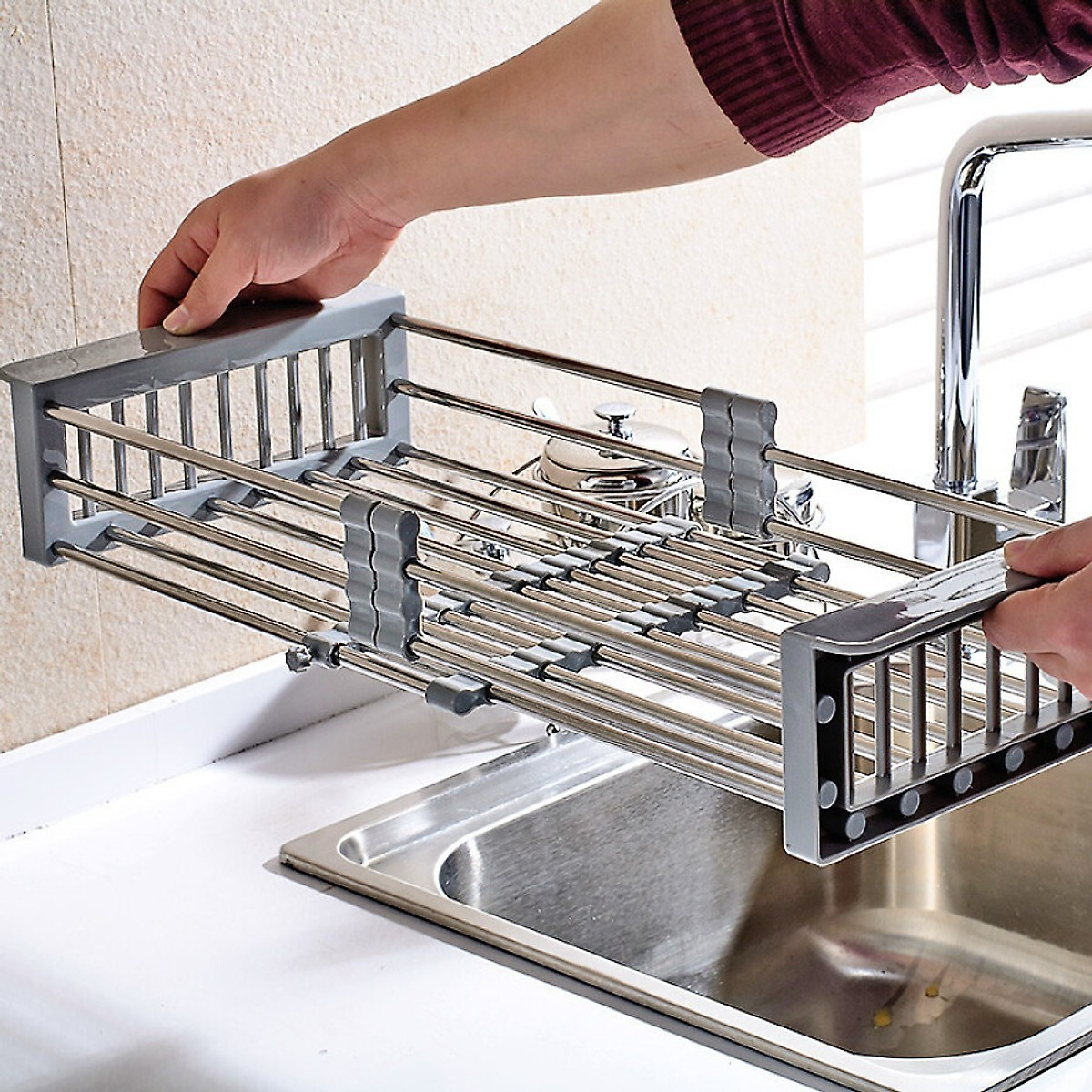 Combo chậu rửa chén bát inox Valenza 7843 hố lệch, vòi rửa bát inox nóng lạnh Lò xo, rá inox, bình xà phòng, bộ xả chậu