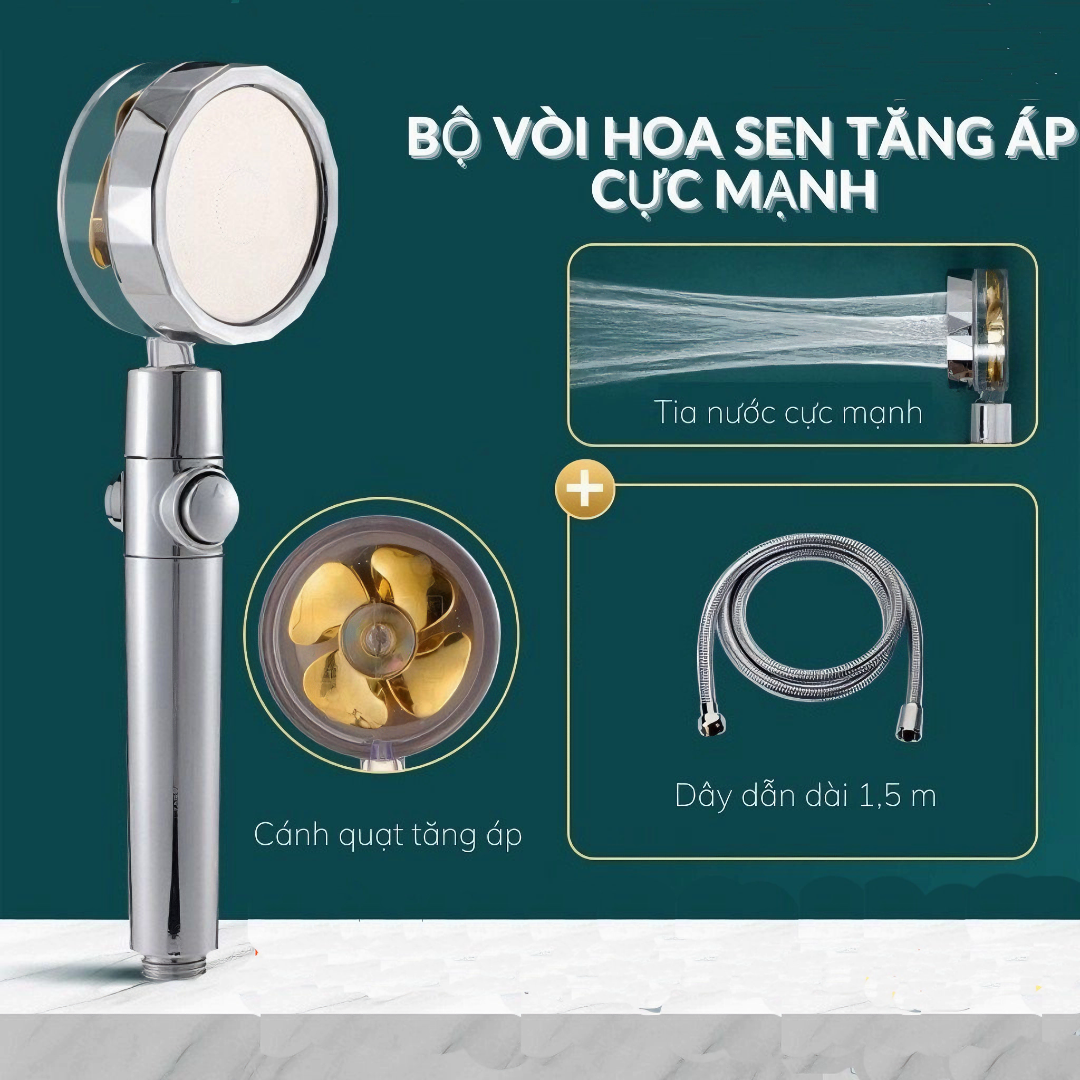 Đầu vòi hoa sen KG30 tăng áp cánh quạt đầu xoay 360 độ có nút nhấn tắt nước, dễ sử dụng tiết kiệm nước bao gồm dây sen 1m5- Hàng chính hãng