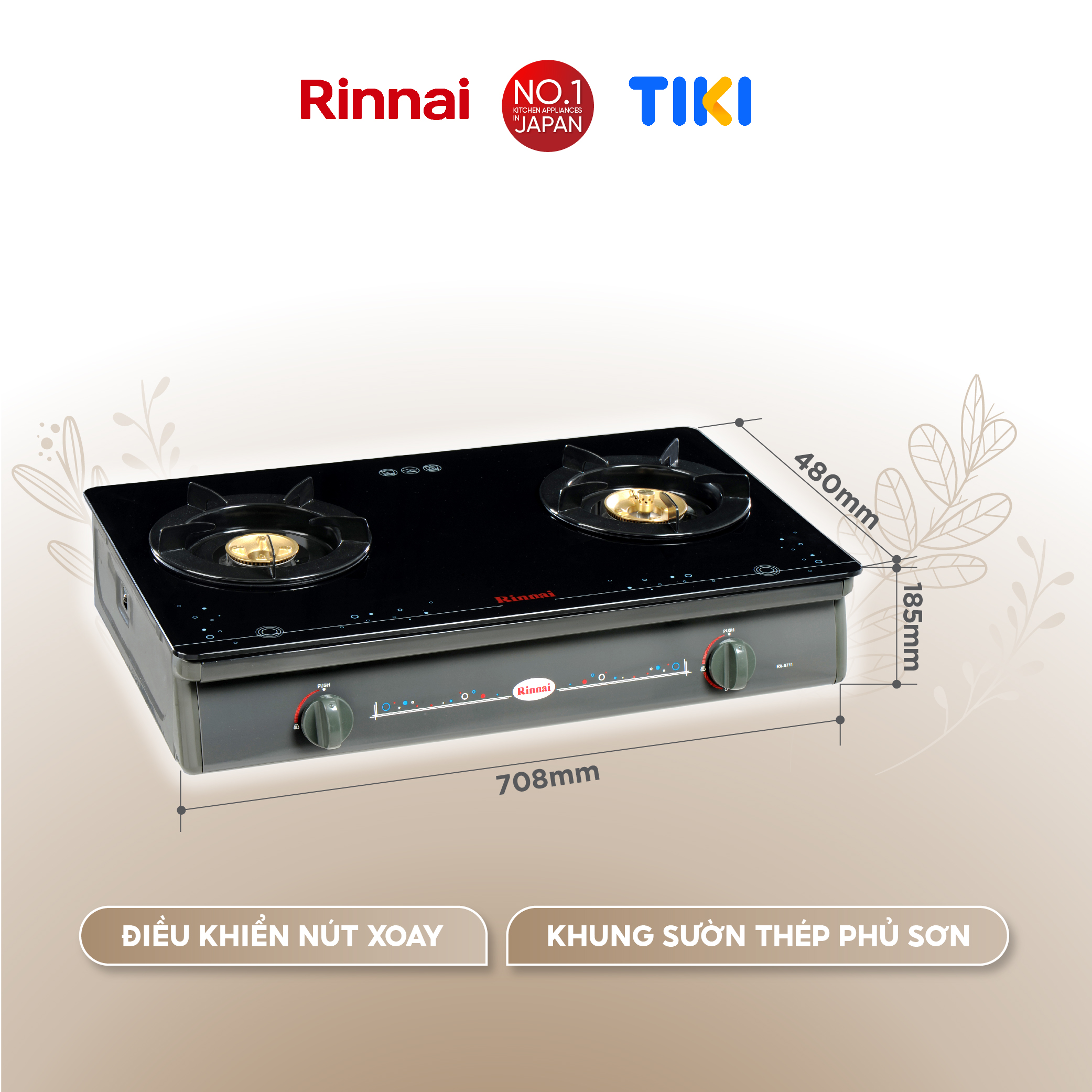 Bếp gas dương Rinnai RV-8711(GL-Sp) mặt bếp kính và kiềng bếp men - Hàng chính hãng.