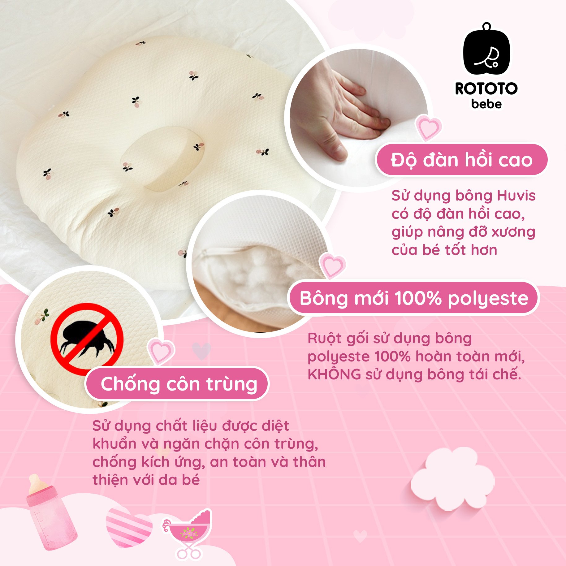 Gối chống trào ngược cho bé Rototo Bebe cao cấp nhập khẩu Hàn Quốc khắc phục tình trạng trào ngược dạ dày trẻ sơ sinh hiệu quả - Loại Ripple nhăn thoáng mát, không bám dính
