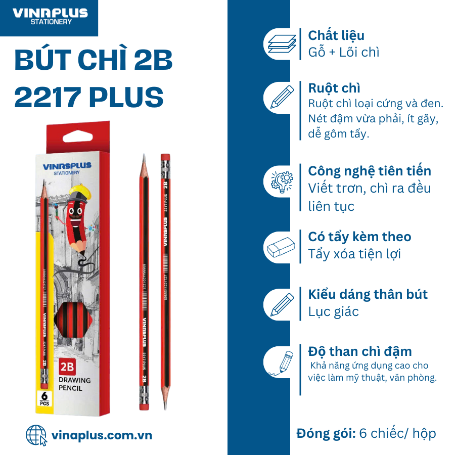Hộp 6 chiếc Bút Chì Gỗ 2B Học Sinh Vinaplus - Chì Đậm An Toàn Cho Học Sinh, Sinh Viên, Dân Văn Phòng