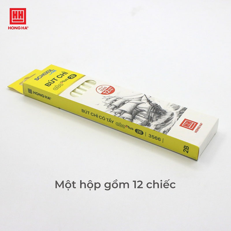 Hộp 12 bút chì gỗ 2B Hồng Hà kèm đầu tẩy ABC Plus - 3566 chuyên dùng viết, vẽ phác thảo