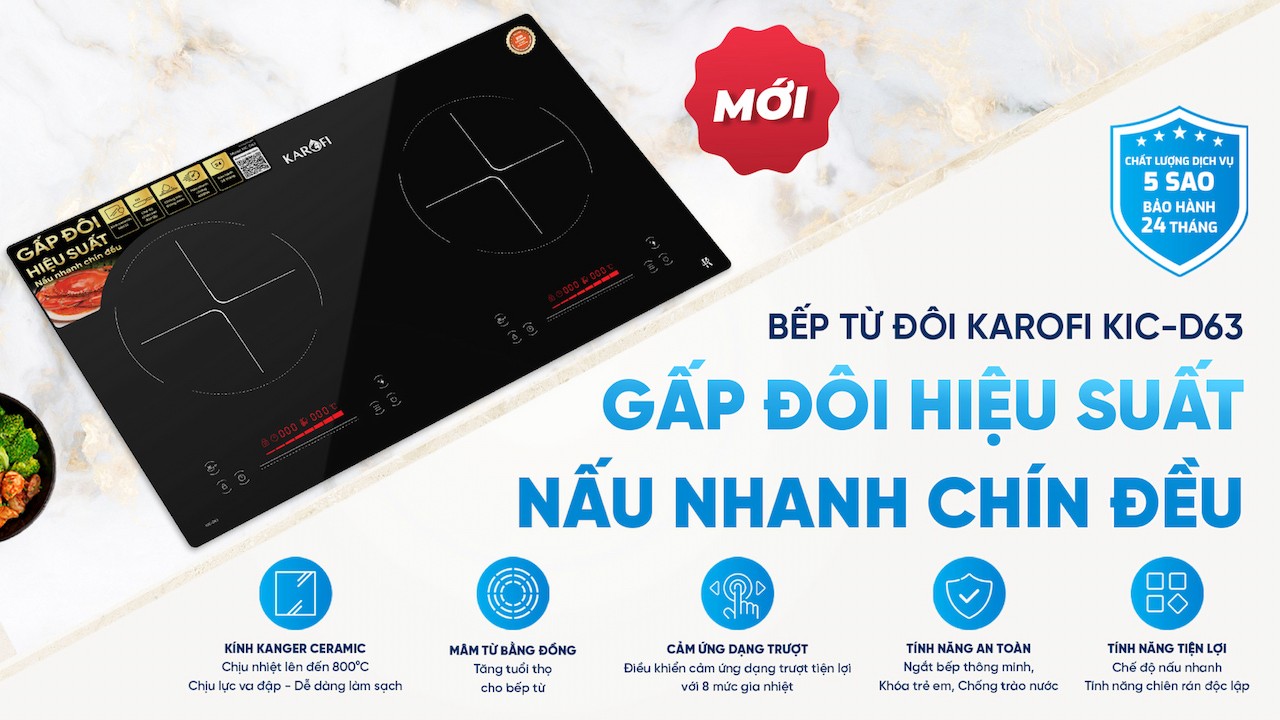 Bếp điện từ đôi Karofi KIC-D63 4.000W 8 mức công suất - Miễn phí vận chuyển toàn quốc - Bảo hành 24 tháng - Hàng chính hãng
