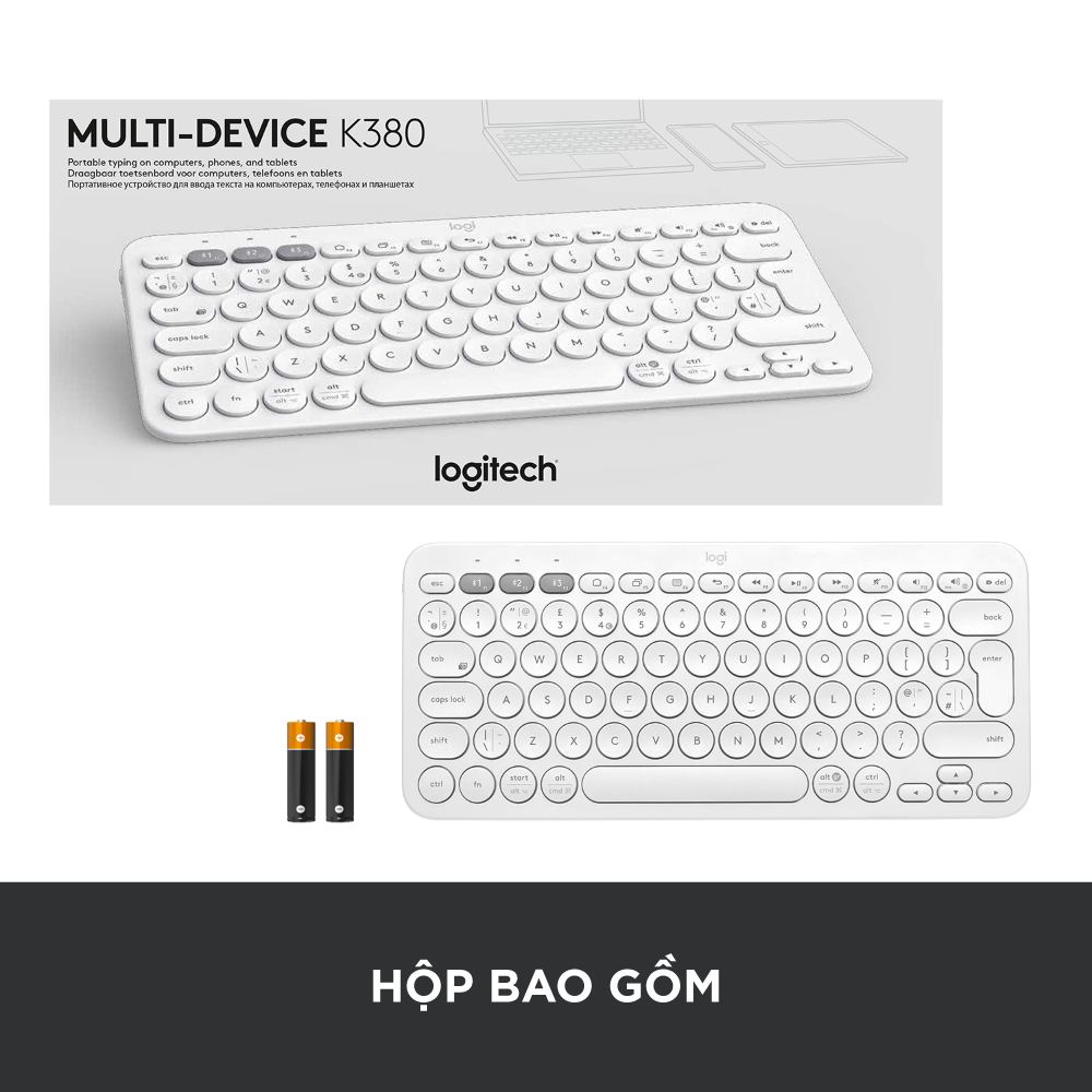 Bàn phím không dây Bluetooth Logitech K380 - Kết nối 3 thiết bị, giảm ồn, gọn nhẹ dễ mang đi, phù hợp Mac/ PC/ Laptop/ Điện thoại - Hàng chính hãng - Màu Trắng