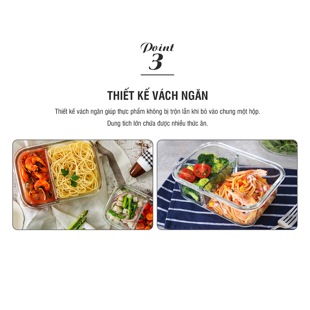 Hộp cơm thủy tinh Lock&Lock chia ngăn kèm muỗng đũa 930ml màu xanh navy LLG991CLNVY - Hàng chính hãng, dùng được lò vi sóng - JoyMall