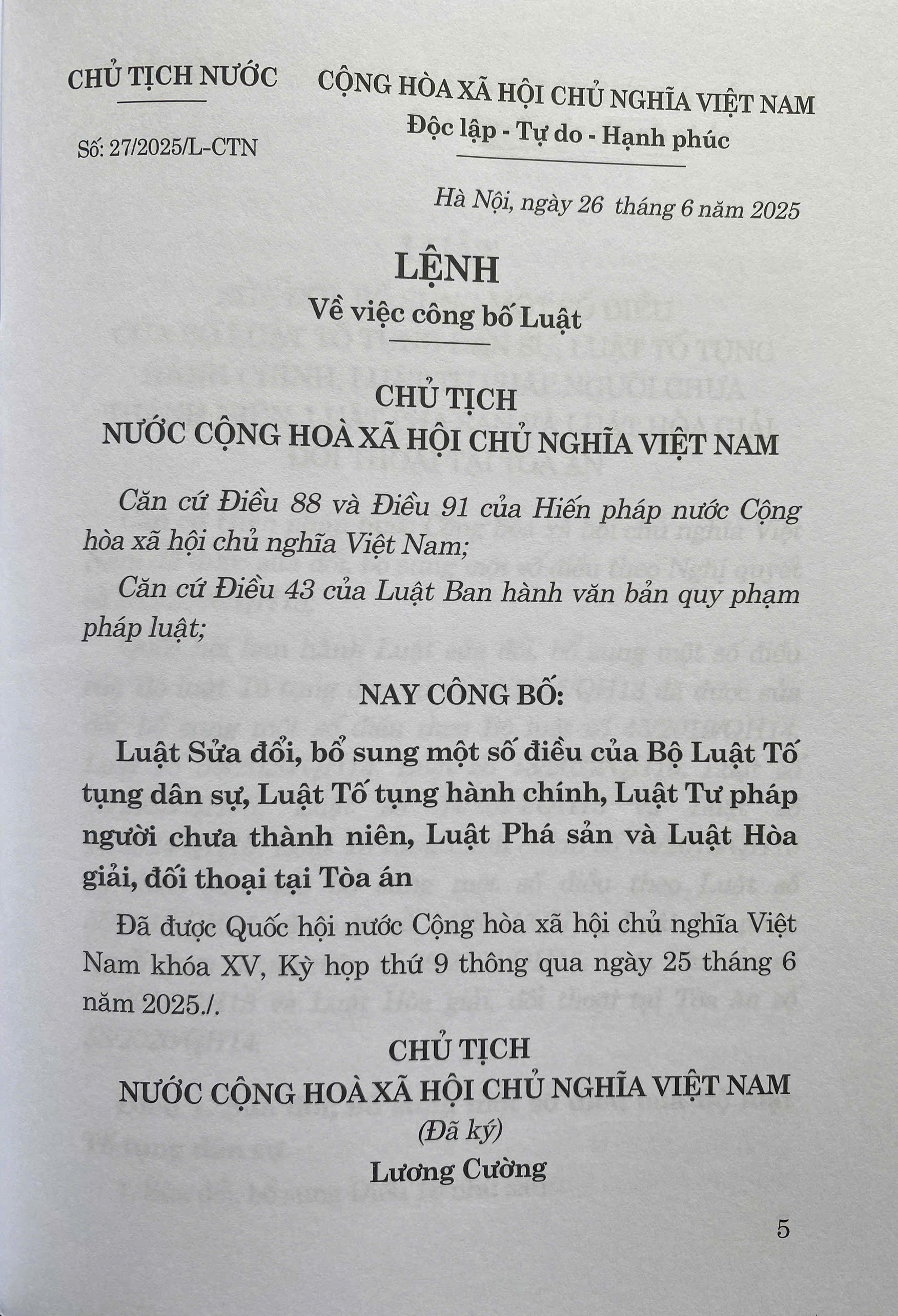 Luật sửa đổi, bổ sung một số điều của Bộ Luật Tố tụng dân sự, Luật tố tụng hành chính, Luật tư pháp người chưa thành niên, Luật Phá sản và Luật Hoà giải, đối thoại tại toà án