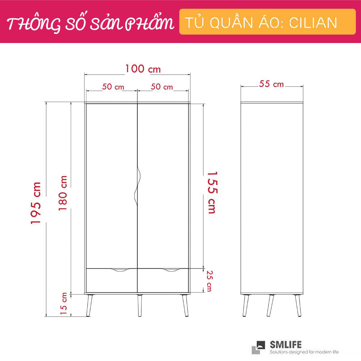 Tủ áo MDF thiết kế tinh tế gọn gàng SMLIFE Cilian