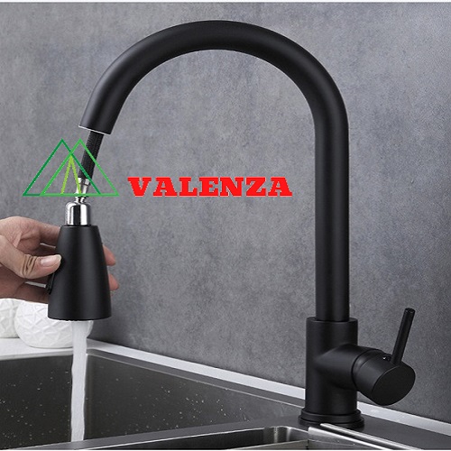 Chậu rửa bát 1 hố lớn inox 304 nano đen Valenza kháng khuẩn cao cấp kèm vòi rửa bát rút dây inox 304 nóng lạnh nano đen Valenza, bộ xả to ngăn mùi, khay inox kín-TẶNG BÌNH ĐỰNG NƯỚC RỬA CHÉN