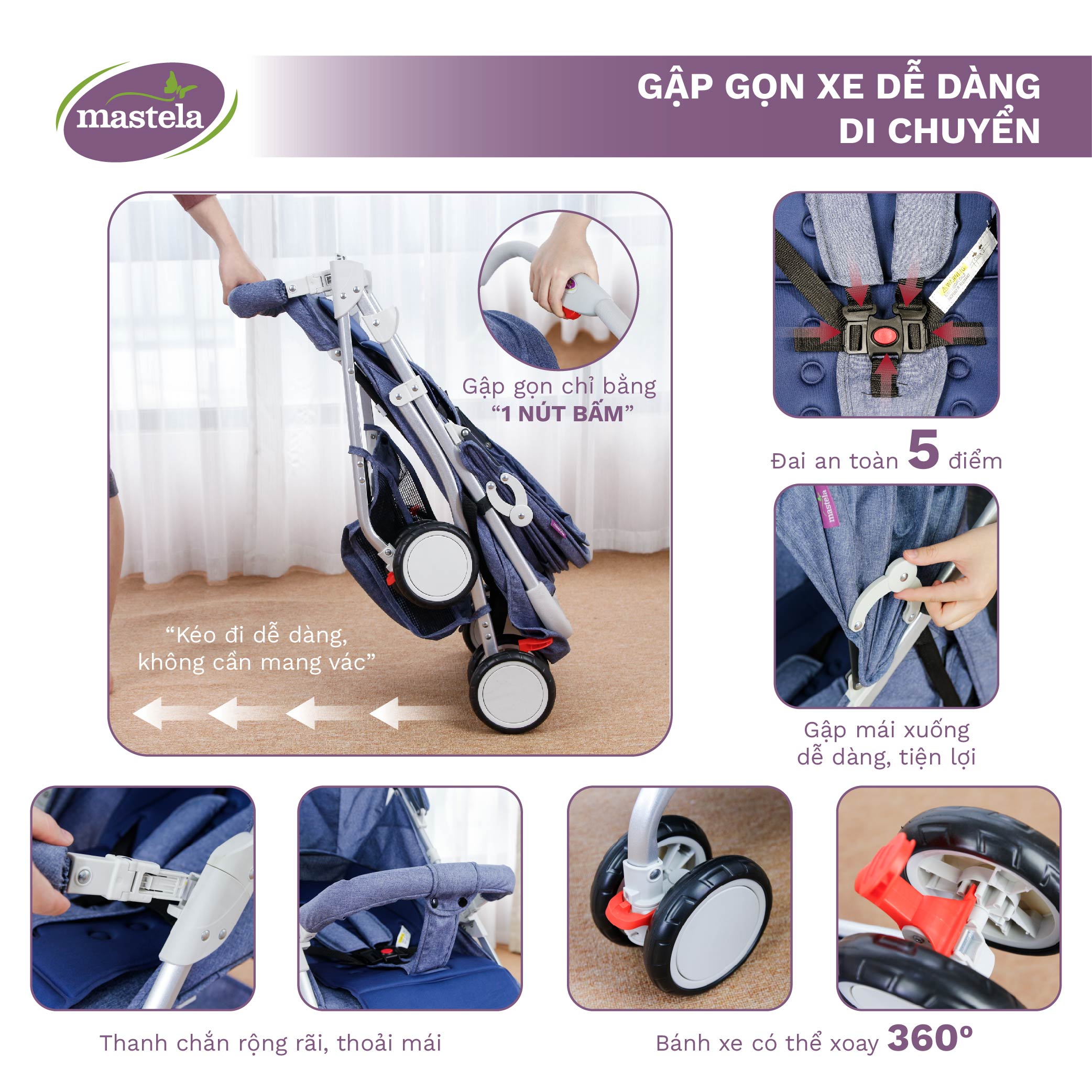 Xe đẩy gấp gọn cho bé Mastela A2 - Xe đẩy em bé khung Aluminum cao cấp siêu nhẹ và bền bảo hành 12 tháng