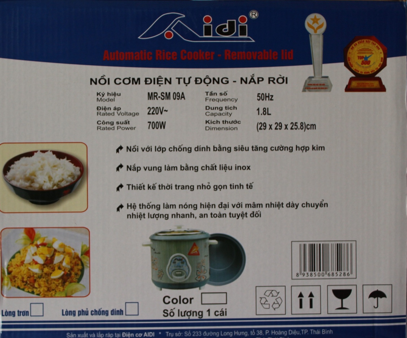 Nồi cơm điện Aidi MR-SM 09A (1,8 lít) - Màu Ngẫu Nhiên - Hàng Chính Hãng
