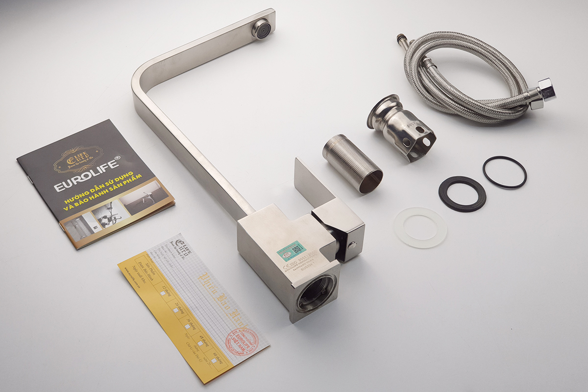Vòi rửa chén nóng lạnh Inox SUS 304 nguyên khối Eurolife EL-T002-1 (Trắng vàng)