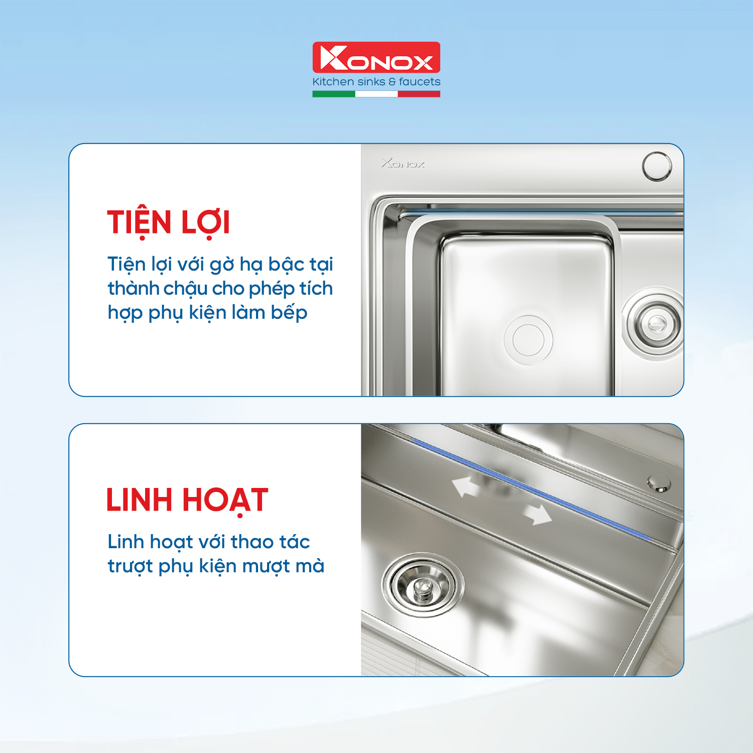 Chậu rửa bát Konox, Overmount Series, Model KN7548SO, Inox 304 cao cấp, 750*480*230mm, Hàng chính hãng