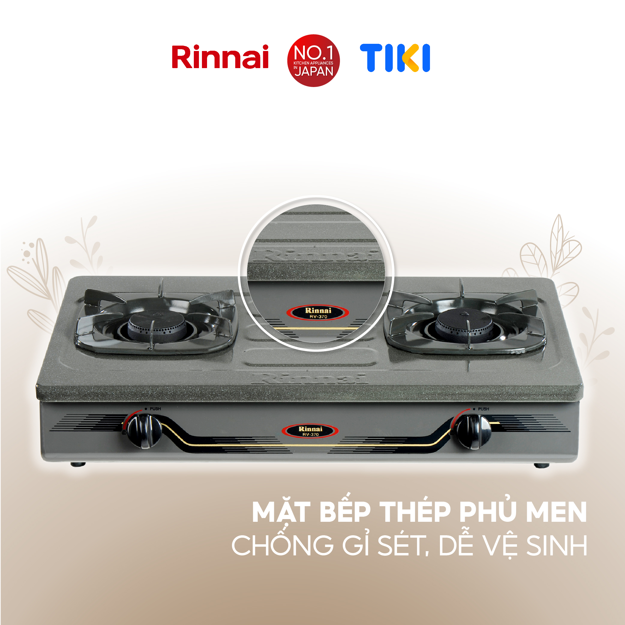 Bếp gas dương Rinnai RV-370(GM)N mặt bếp men và kiềng bếp men - Hàng chính hãng.