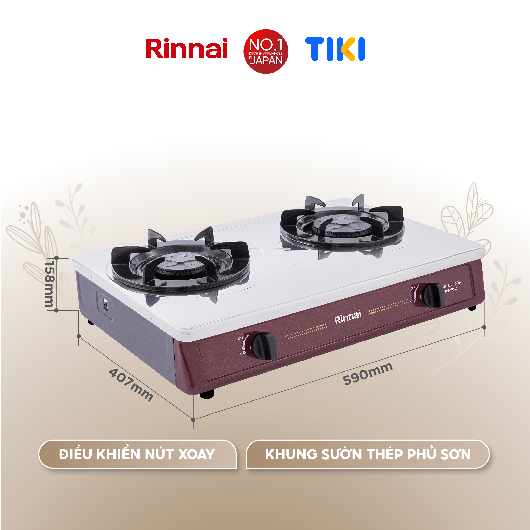 Bếp gas dương Rinnai RV-MC26RS mặt bếp inox và kiềng bếp men - Hàng chính hãng.