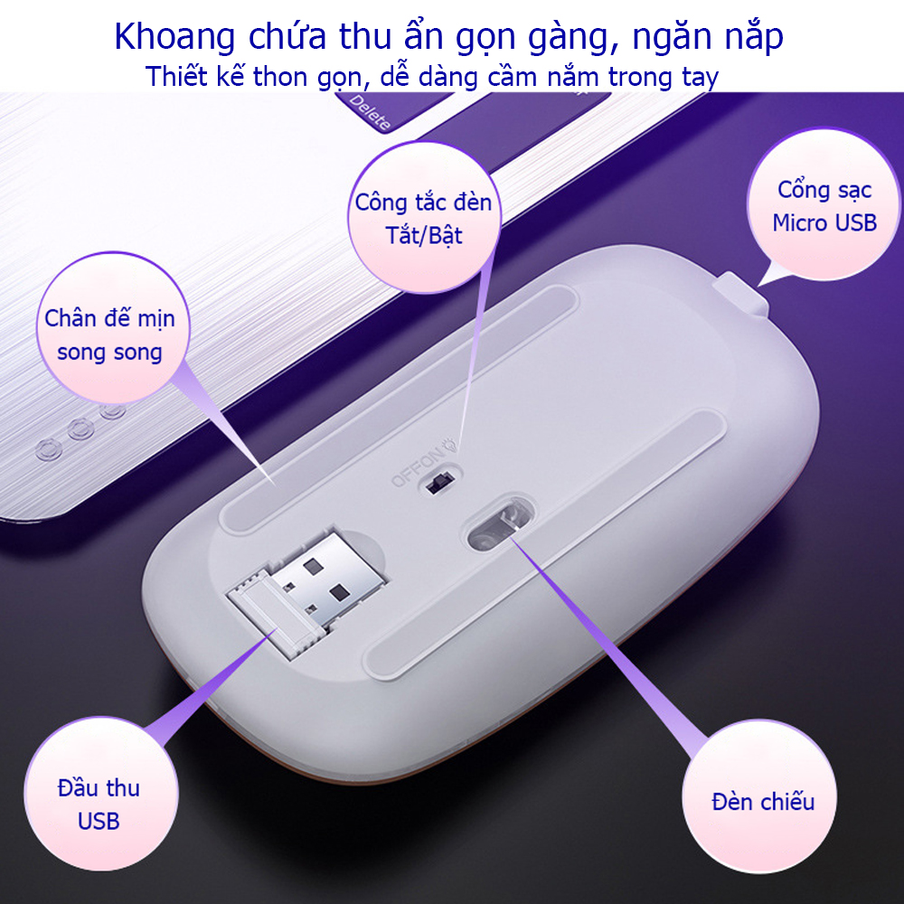 Chuột không dây A2 Pro, chuột máy tính không tạo tiếng ồn, sạc được pin, hiệu ứng đèn Led RGB- Hàng nhập khẩu