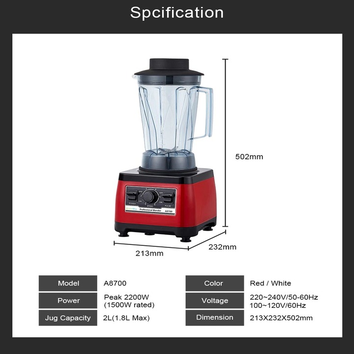 Máy xay sinh tố chuyên nghiệp Biolomix A8700 Công suất 2200W-Dung Tích 2Lít, Bảo hành động cơ lên tới 7 năm,- Hàng nhập khẩu