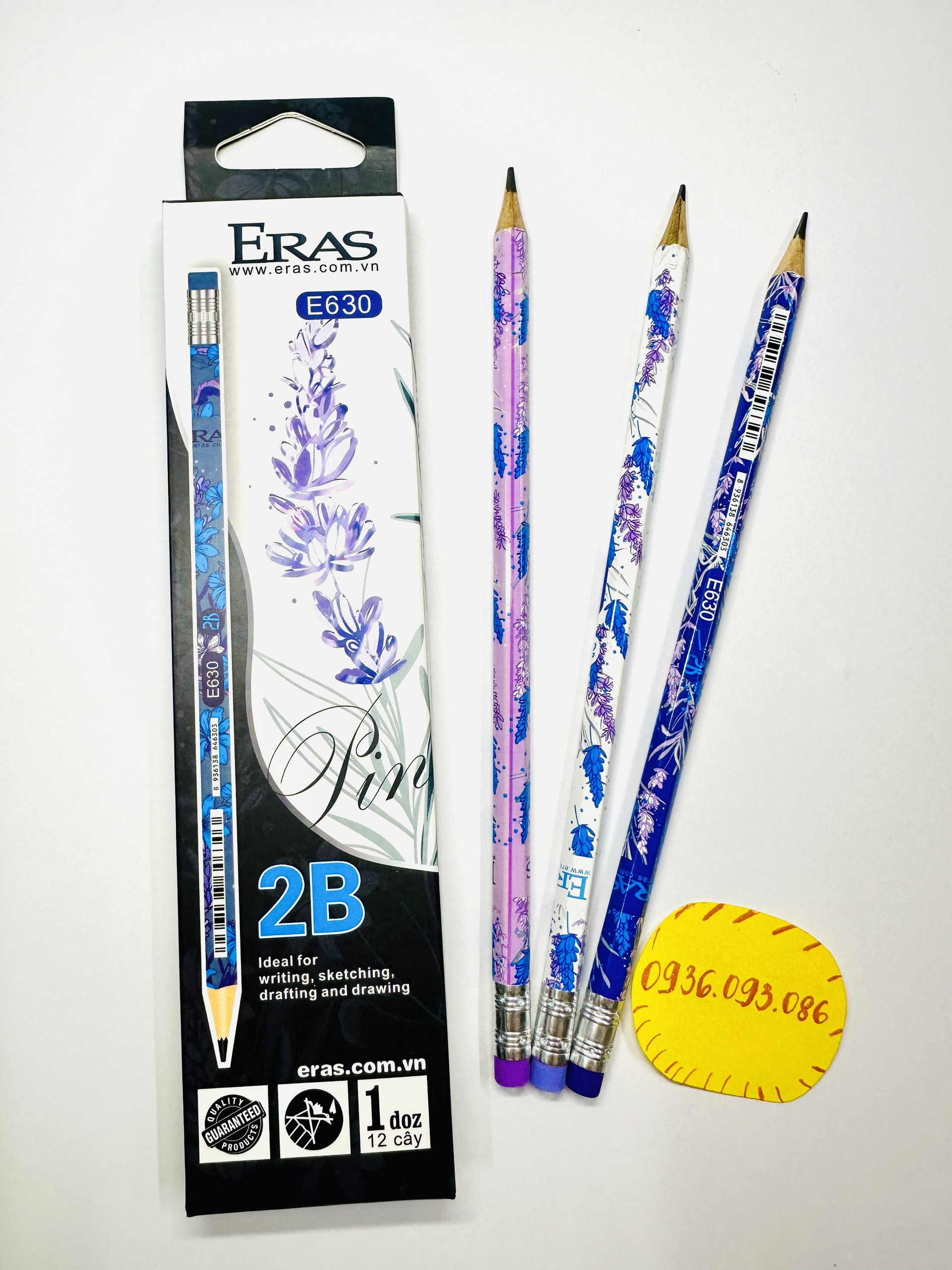 Hộp 12 Cây Bút Chì Gỗ 2B Có Gôm Thân Bút Họa Tiết Hoa Lavender E630, Hưu Cao Cổ E631, Bảng Cửu Chương E63, Bút Chì Eras