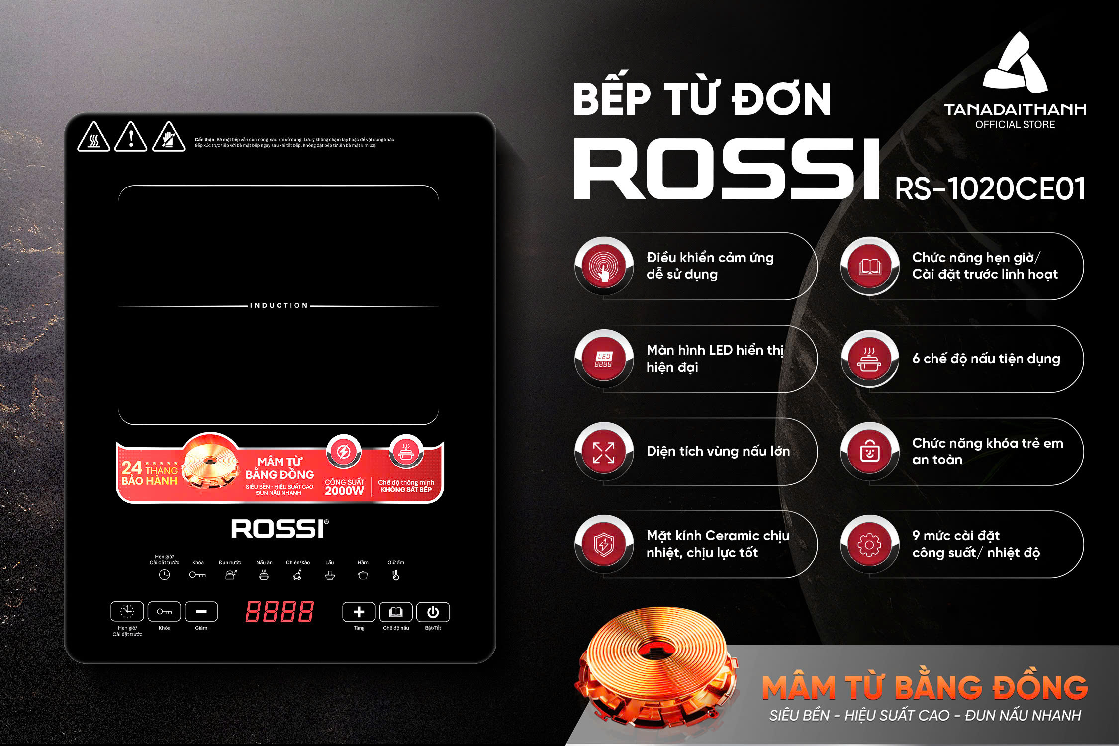 Bếp Từ Đơn Tân Á Đại Thành Rossi RS-1020CE01 Kèm Nồi - Hàng Chính Hãng Bảo Hành 24 Tháng