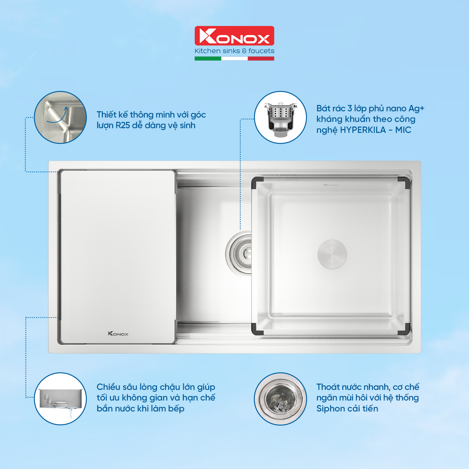 Chậu rửa bát chống xước KONOX Workstation – Undermount Sink KN8644SU Dekor - Bảo hành chính hãng 10 năm