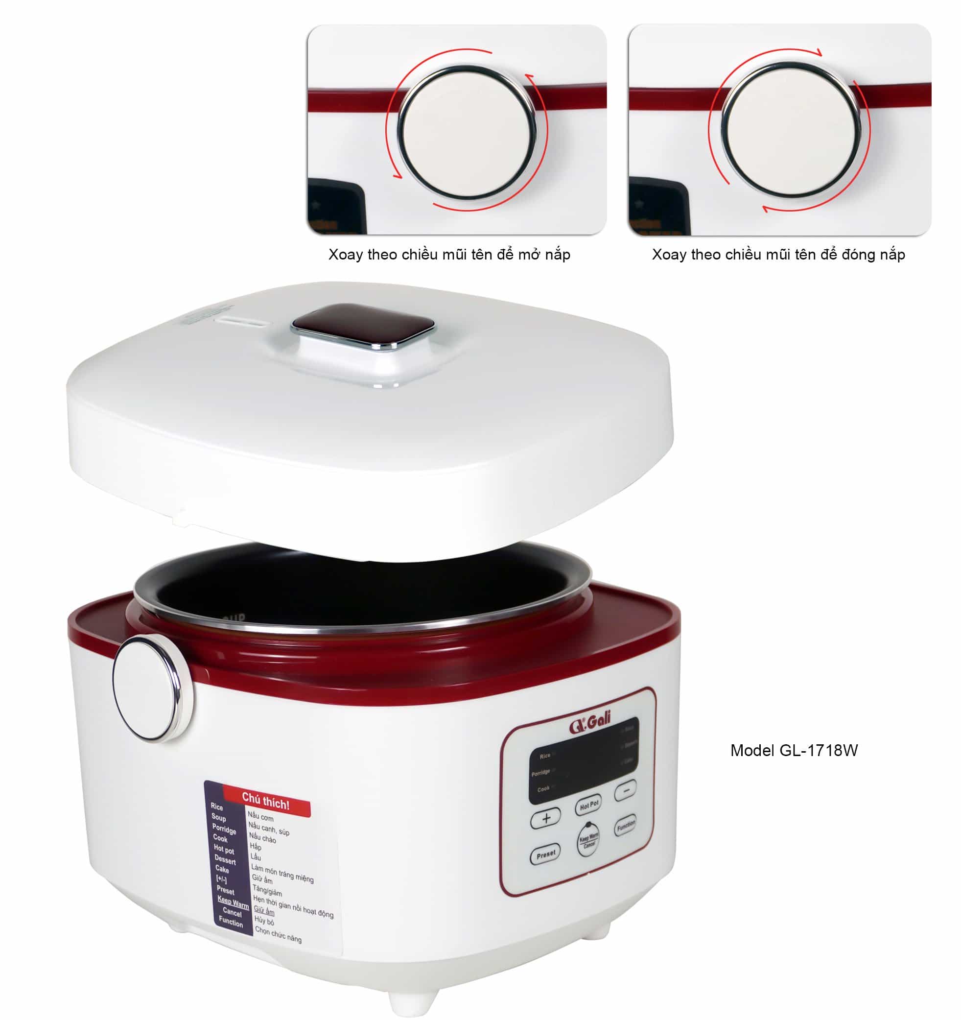 Nồi Cơm Điện Gali GL-1718W Dung tích 1,8L, đa chức năng nấu: Lẩu, Cháo, Soup,... Lòng nồi dày giữ nhiệt tốt. Hàng chính hãng chất lượng cao, bảo hành 24 tháng
