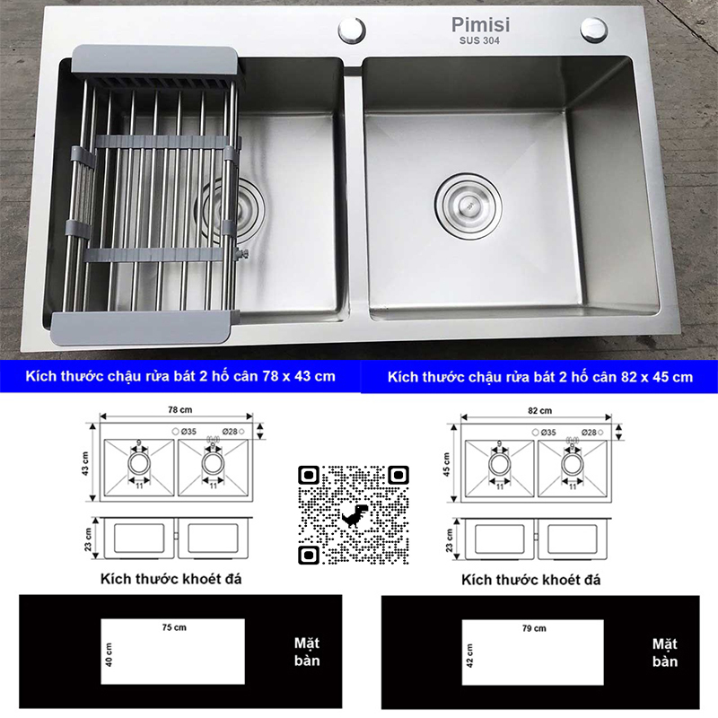 Chậu rửa bát chén inox 304 Pimisi đúc 2 hố cân, kích thước bồn rửa chén 78 x 43 - 82 x 45 cm làm từ thép không gỉ sus 304 đầy đủ xi phông loại to và kèm rổ đựng đồ dùng để rửa chén bát gắn được cả âm - dương bàn đá bếp | Hàng chính hãng